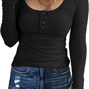 Women’s Black Ribbed Henley Long Sleeve Top